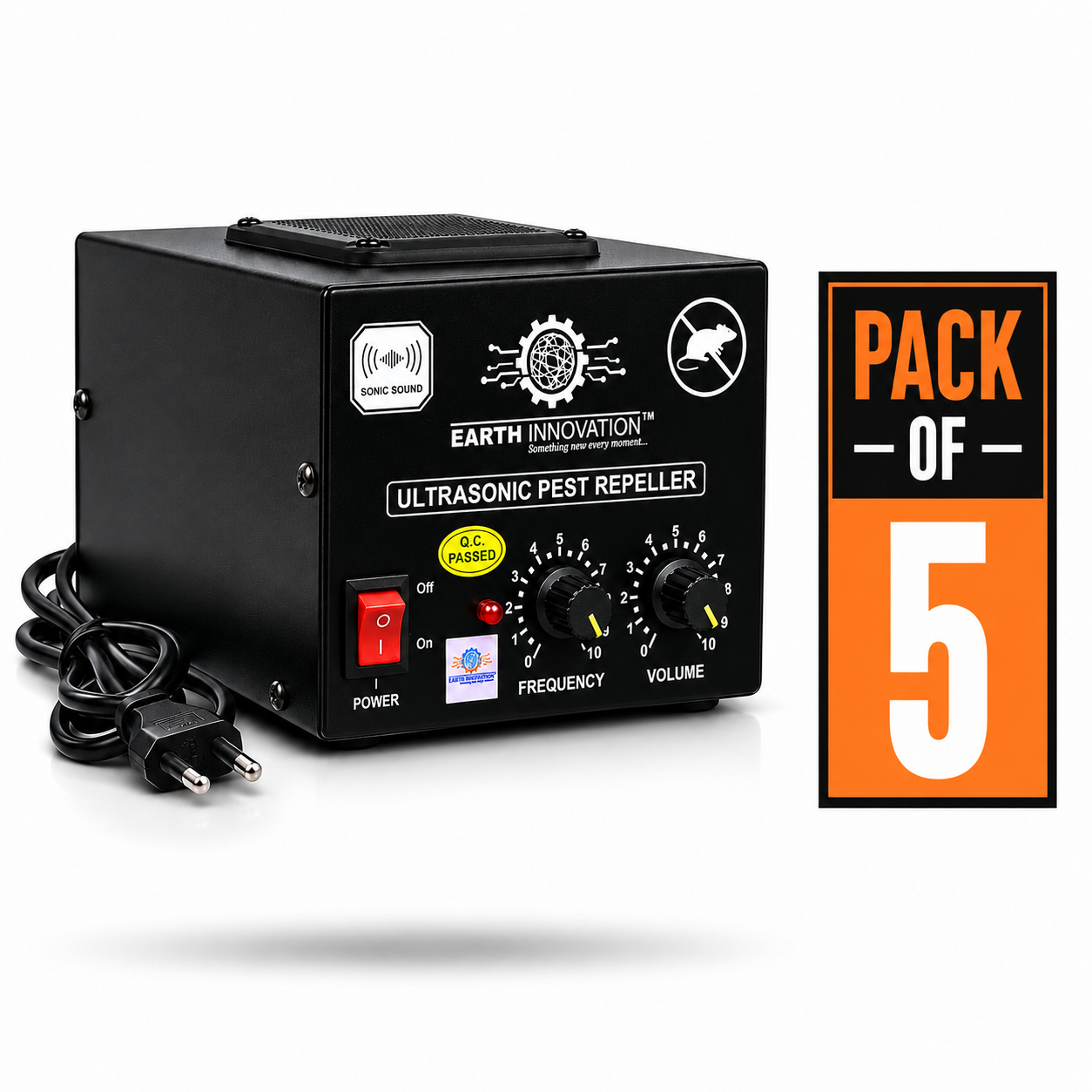 Ultrasonic pest repeller in a black box with frequency and volume dials and a power switch, placed beside a 'Pack of 5' label.